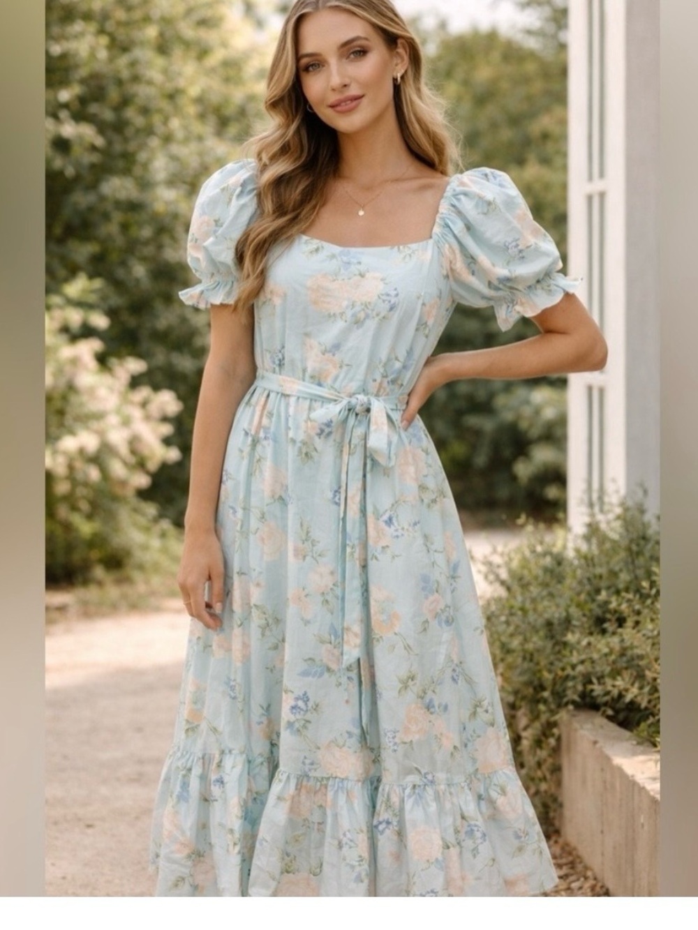 LoveShackFancy Pale Blue Floral Puff-Sleeve Midi Dress